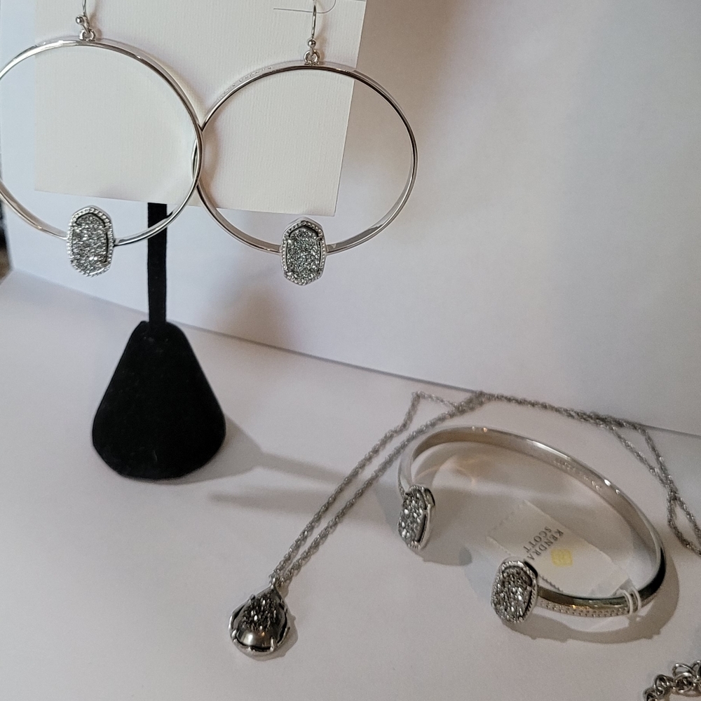 3 NWT Kendra Scott Platinum Drusy Silver Jewelry Pieces Kendra Scott Set Sparkly
